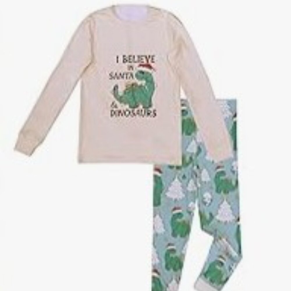 Unisex Christmas Pajamas - Cream and Green Dinosaur Set